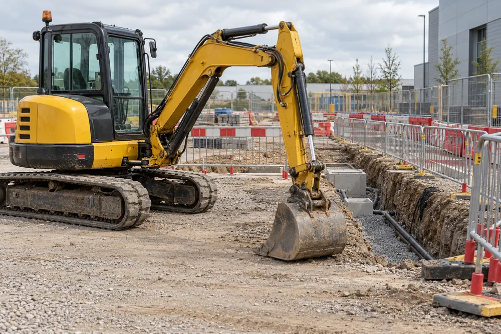 Compact tracked excavator beside a fenced groundworks area