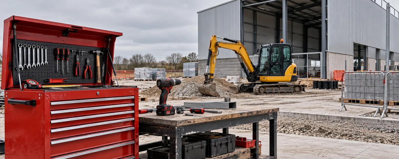 Tools on a red steel chest with a compact excavator in a commercial site compound