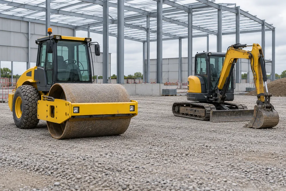 Compaction roller and tracked excavator on a prepared commercial site